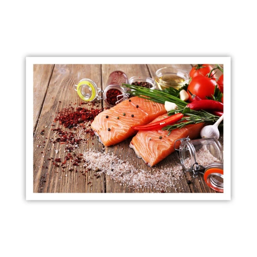 Affiche - Poster - Filets de saumon aux épices sur fond de bois - 100x70cm - Aventure norvégienne dans la cuisine - Décoration murale moderne pour le salon et la chambre ARTTOR