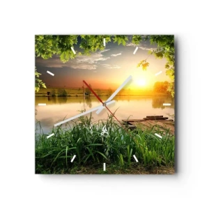 Horloge murale - Pendule murale - Paysage verdoyant avec un lac au coucher du soleil - 30x30cm - Paysage dans un cadre verdoyant - Décoration murale moderne pour le salon et la chambre ARTTOR
