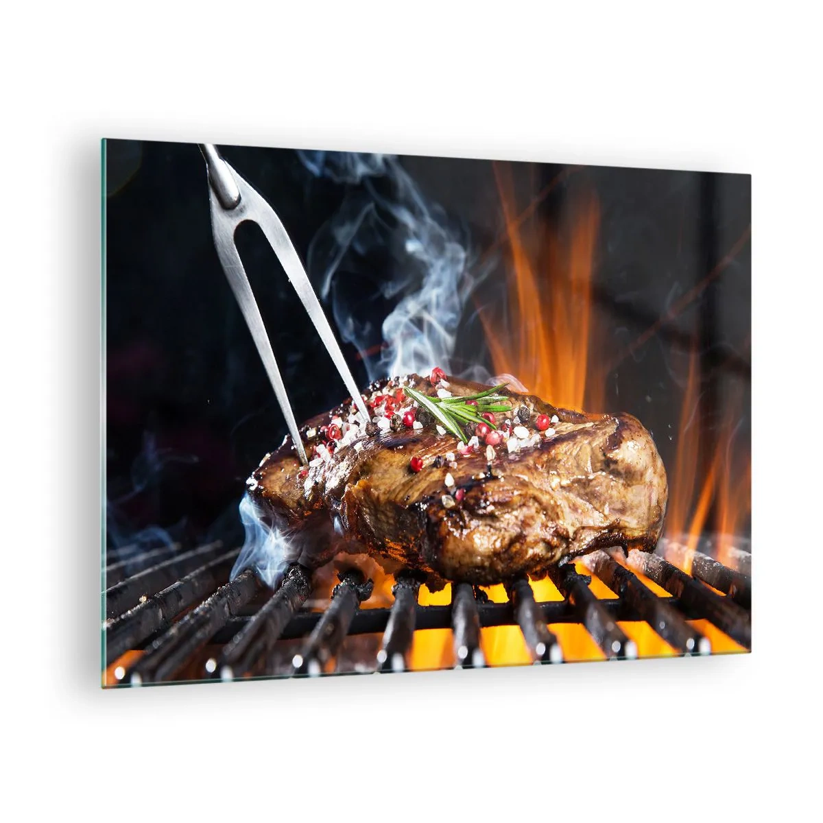 Impression sur verre - Image sur verre - Steak grillé aux épices sur le gril - 70x50cm - Juteux et parfumé - Décoration murale moderne pour le salon et la chambre ARTTOR