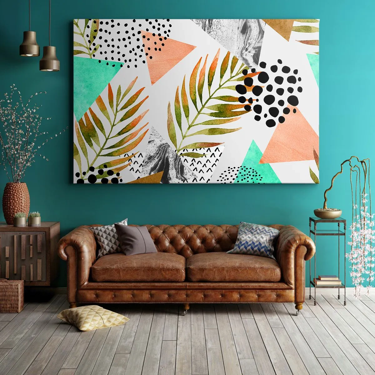 Impression sur toile - Image sur toile - Motif tropical avec des feuilles et des formes géométriques - 120x80cm - Décoration avec feuille de palmier - Décoration murale moderne pour le salon et la chambre ARTTOR
