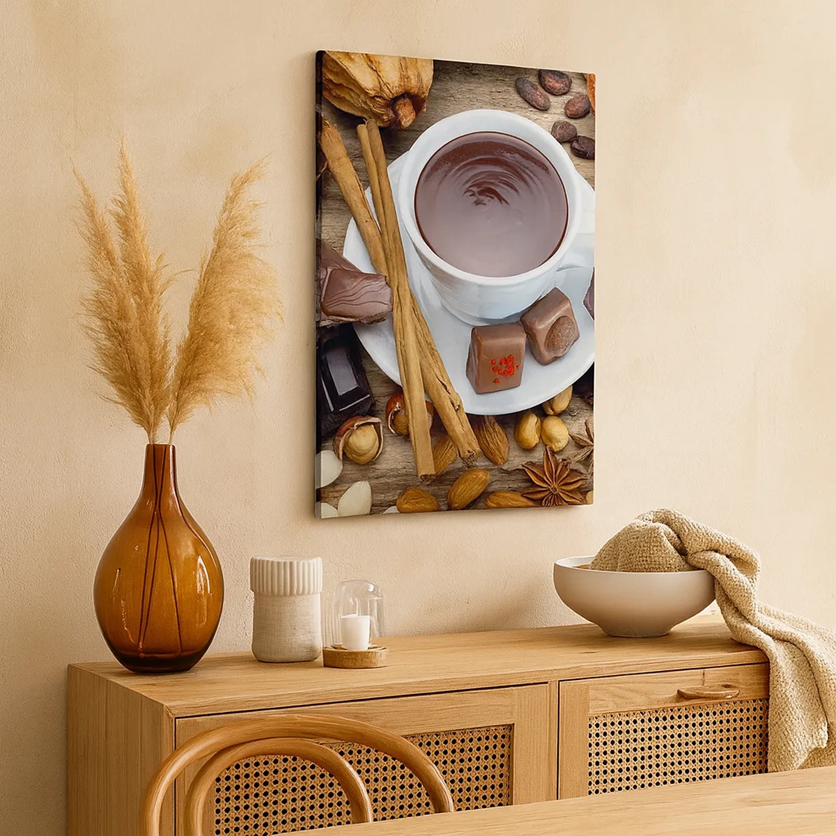 Impression sur toile - Image sur toile - Une tasse de chocolat chaud entourée d'ingrédients de dessert - 50x70cm - D'une chocolaterie de conte de fées - Décoration murale moderne pour le salon et la chambre ARTTOR