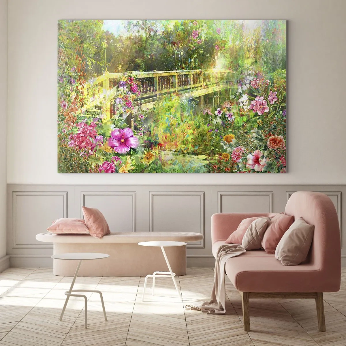 Impression sur verre - Image sur verre - Un pont entouré d'une végétation luxuriante et de fleurs colorées - 120x80cm - Le soupire d'un pont de printemps - Décoration murale moderne pour le salon et la chambre ARTTOR