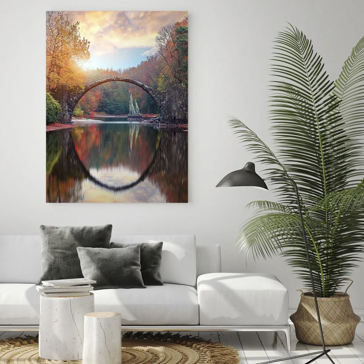 Impression sur verre - Image sur verre - Un pont de pierre dans un paysage d'automne sur une eau calme - 70x100cm - De l'autre cote du miroir - Décoration murale moderne pour le salon et la chambre ARTTOR