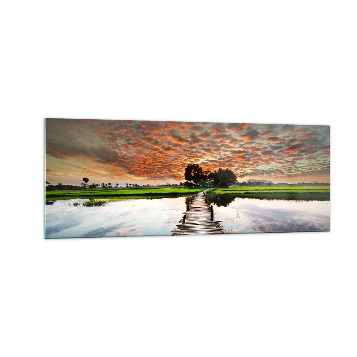 Impression sur verre - Image sur verre - Pont en bois sur l'eau au coucher du soleil - 140x50cm - Étendez vos bras - respirez - Décoration murale moderne pour le salon et la chambre ARTTOR
