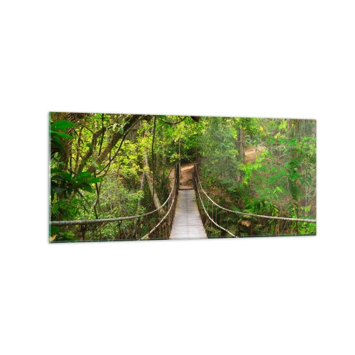 Impression sur verre - Image sur verre - Un pont suspendu entouré d'une forêt tropicale verte - 120x50cm - Parce qu'il y a une plante grimpante dans le jardin - Décoration murale moderne pour le salon et la chambre ARTTOR