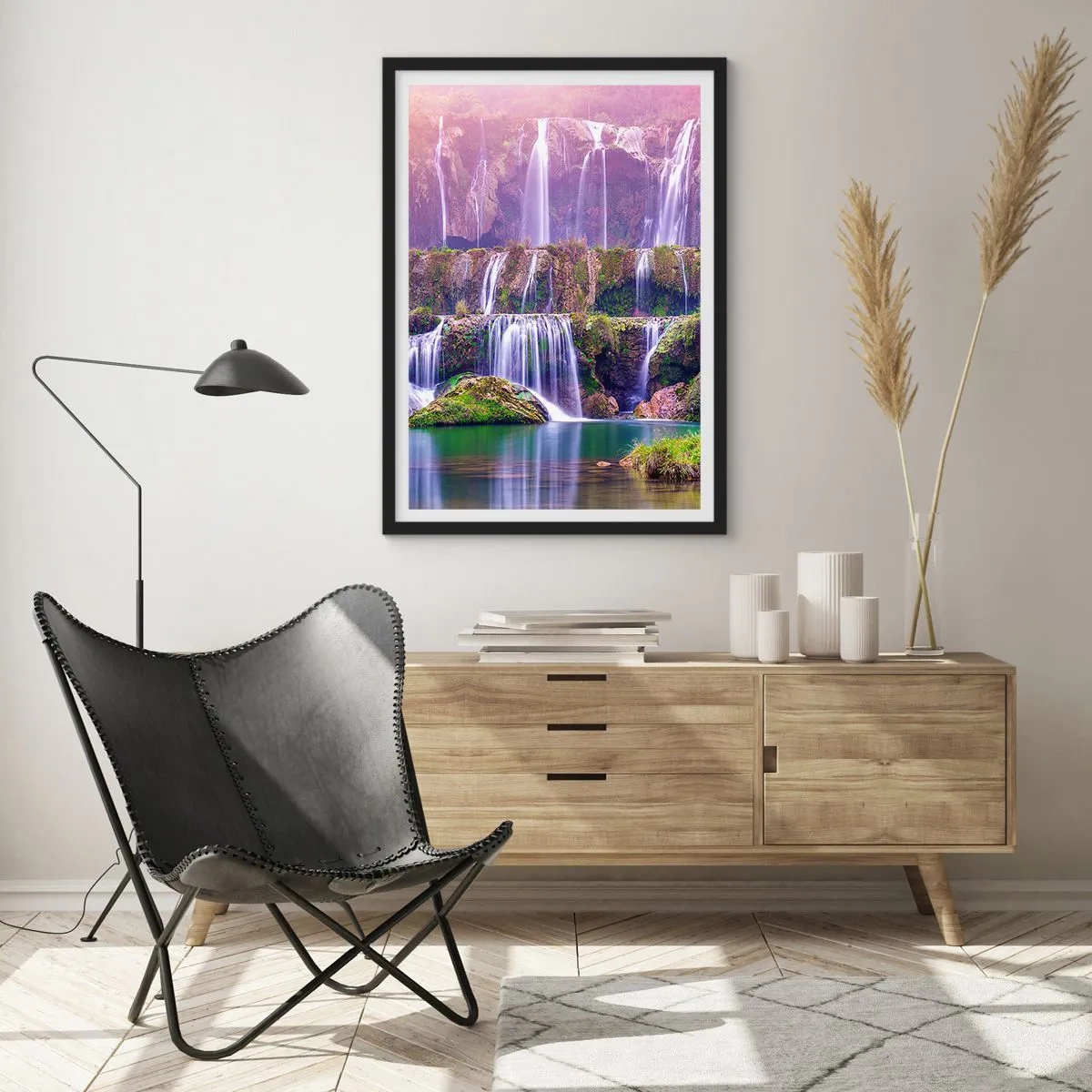 Affiche dans un cadre noir - Poster - Une cascade entourée de verdure - 50x70cm - Escalier vers le ciel - Décoration murale moderne pour le salon et la chambre ARTTOR