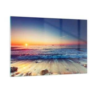Impression sur verre - Image sur verre - Coucher de soleil sur la plage avec des vagues douces et une mer calme - 120x80cm - Mais quel horizon ? - Décoration murale moderne pour le salon et la chambre ARTTOR