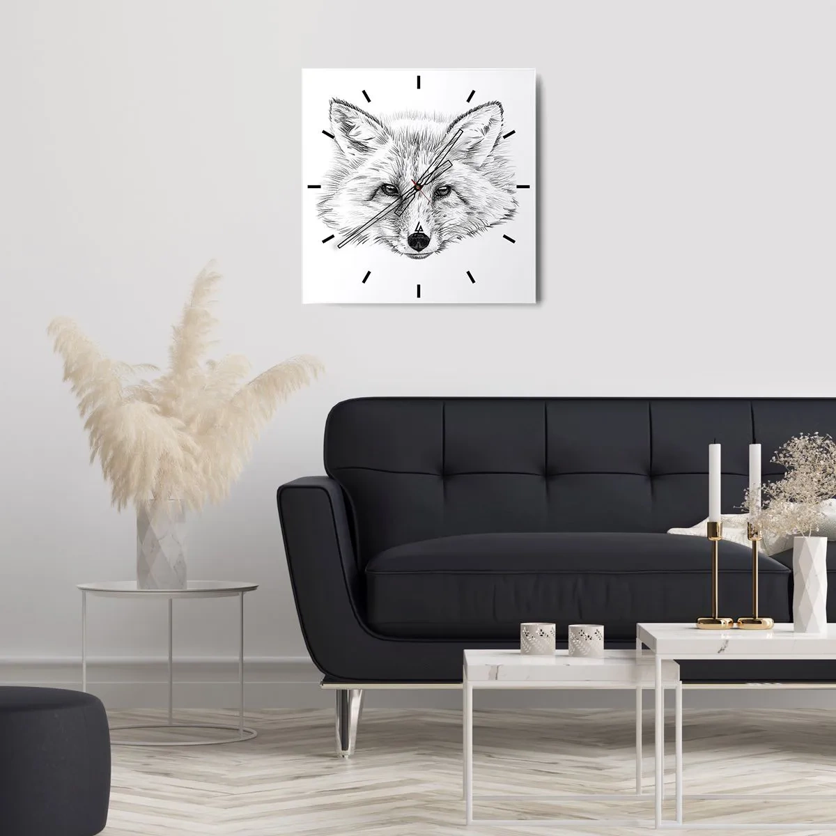 Horloge murale - Pendule murale - Dessin en noir et blanc d'une tête de renard sur fond blanc - 30x30cm - Ces yeux peuvent-ils mentir ? - Décoration murale moderne pour le salon et la chambre ARTTOR