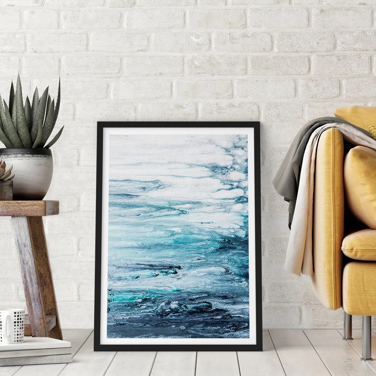 Affiche dans un cadre noir - Poster - Motif abstrait dans les tons de bleu et de gris - 50x70cm - Une glace bleue - Décoration murale moderne pour le salon et la chambre ARTTOR