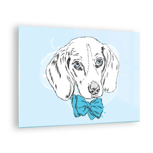 Impression sur verre - Image sur verre - Dessin d'un chien avec un nœud papillon sur fond bleu - 70x50cm - L'élégance du chien - Décoration murale moderne pour le salon et la chambre ARTTOR
