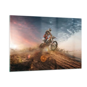 Impression sur verre - Image sur verre - Motocycliste dans le désert dans un cadre dynamique - 120x80cm - Pour la victoire - Décoration murale moderne pour le salon et la chambre ARTTOR