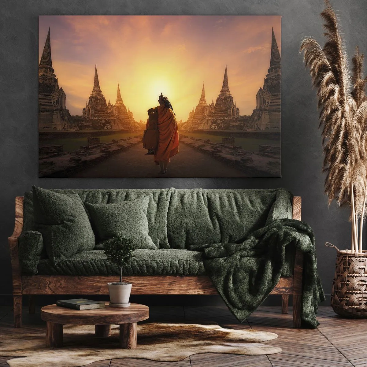 Impression sur toile - Image sur toile - Un moine parmi les temples au coucher du soleil - 100x70cm - En paix pour l'éternité - Décoration murale moderne pour le salon et la chambre ARTTOR