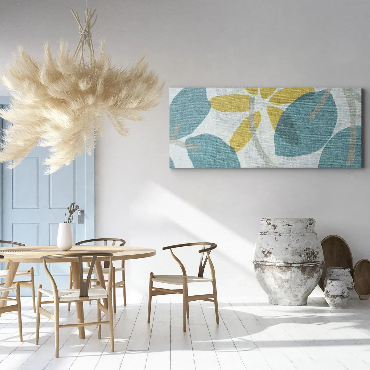 Impression sur toile - Image sur toile - Feuilles aux tons turquoise et jaune sur fond clair - 140x50cm - Wśród lazurowych liści - Décoration murale moderne pour le salon et la chambre ARTTOR