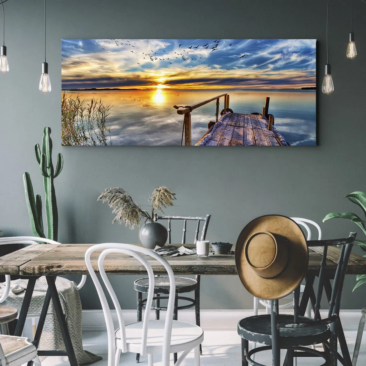 Impression sur toile - Image sur toile - Jetée en bois sur le lac au coucher du soleil - 160x50cm - Le vent se repose - Décoration murale moderne pour le salon et la chambre ARTTOR