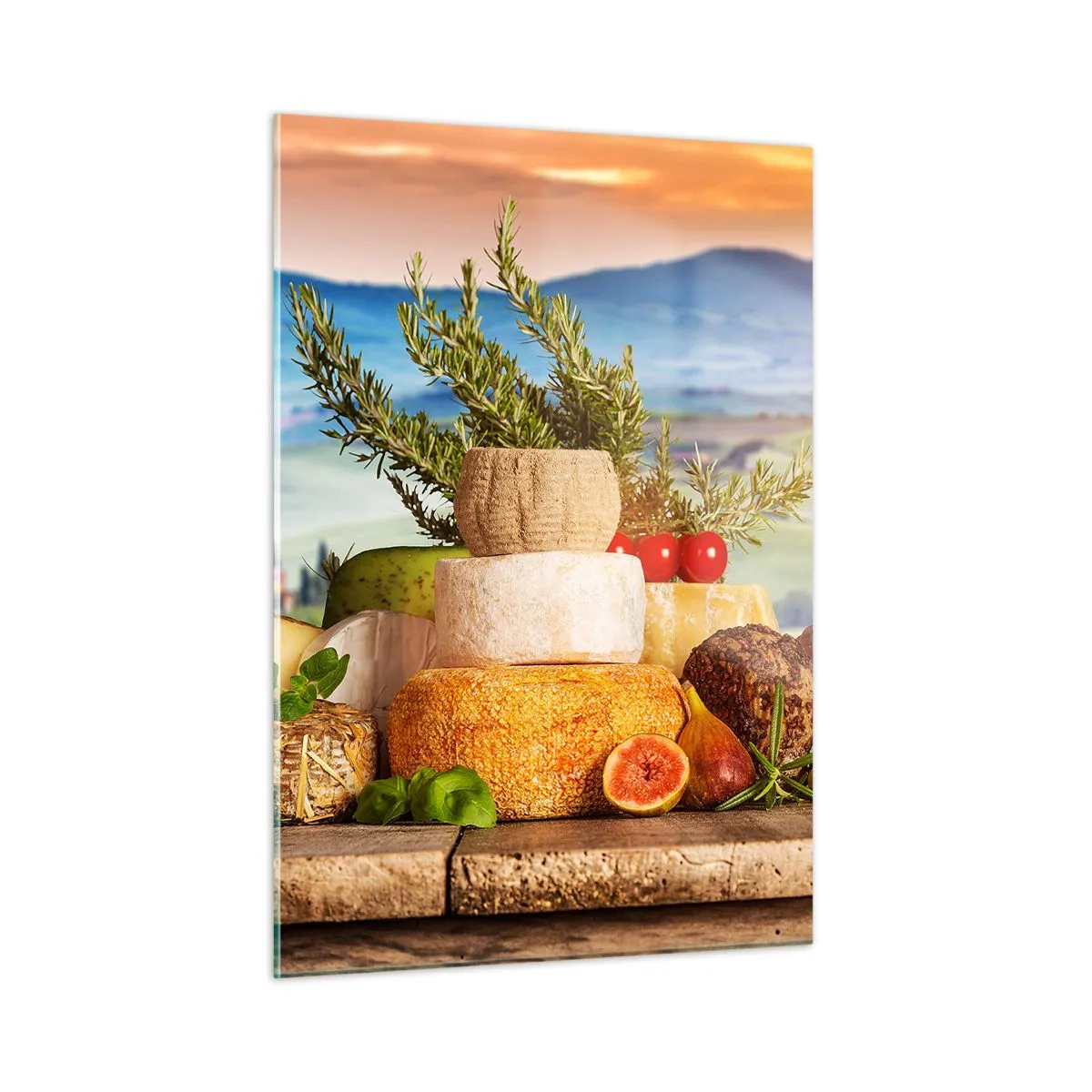 Impression sur verre - Image sur verre - Une composition de fromages et de fruits sur fond de paysage toscan - 50x70cm - La joie de vivre à l'italienne - Décoration murale moderne pour le salon et la chambre ARTTOR