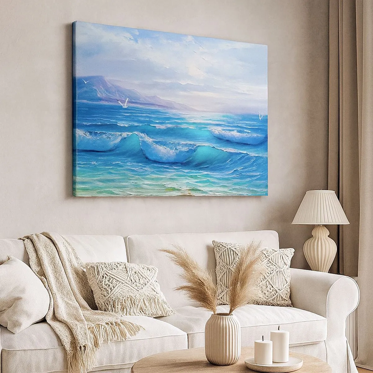 Impression sur toile - Image sur toile - Un paysage marin pittoresque avec des vagues et un ciel bleu - 70x50cm - Il apporte un soulagement - Décoration murale moderne pour le salon et la chambre ARTTOR