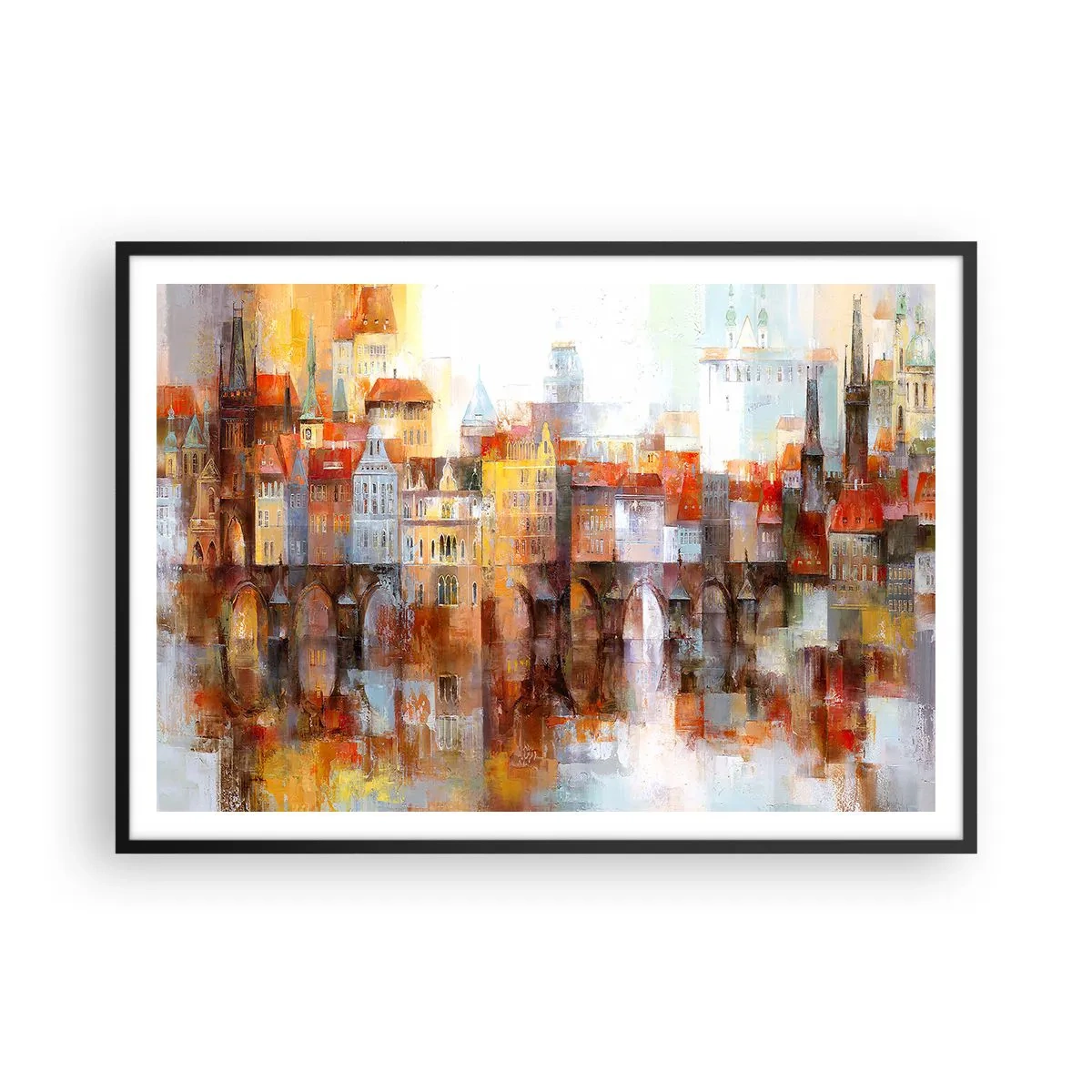 Affiche dans un cadre noir - Poster - Un panorama pittoresque de la ville avec un pont aux couleurs d'automne - 100x70cm - C'est aussi beau sous le pont - Décoration murale moderne pour le salon et la chambre ARTTOR