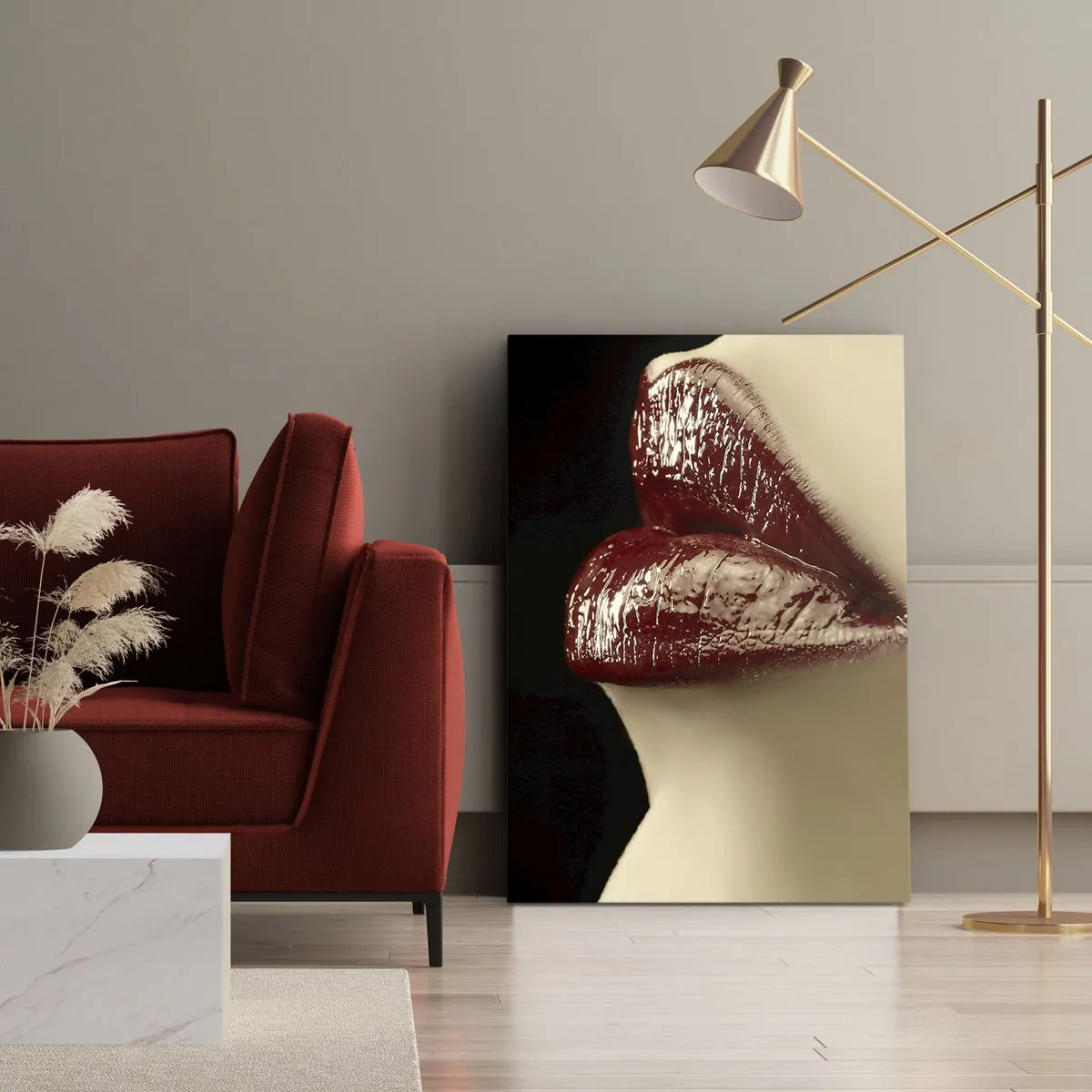 Impression sur toile - Image sur toile - Lèvres rouges et rouge à lèvres sur fond noir - 50x70cm - Sensualité et brillance du carmin - Décoration murale moderne pour le salon et la chambre ARTTOR