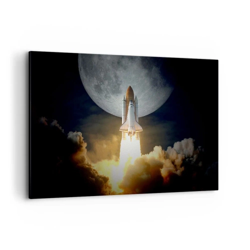 Impression sur toile - Image sur toile - Une fusée décollant sur fond de pleine lune entourée de nuages dynamiques. - 120x80cm - Le début d'une aventure surnaturelle - Décoration murale moderne pour le salon et la chambre ARTTOR