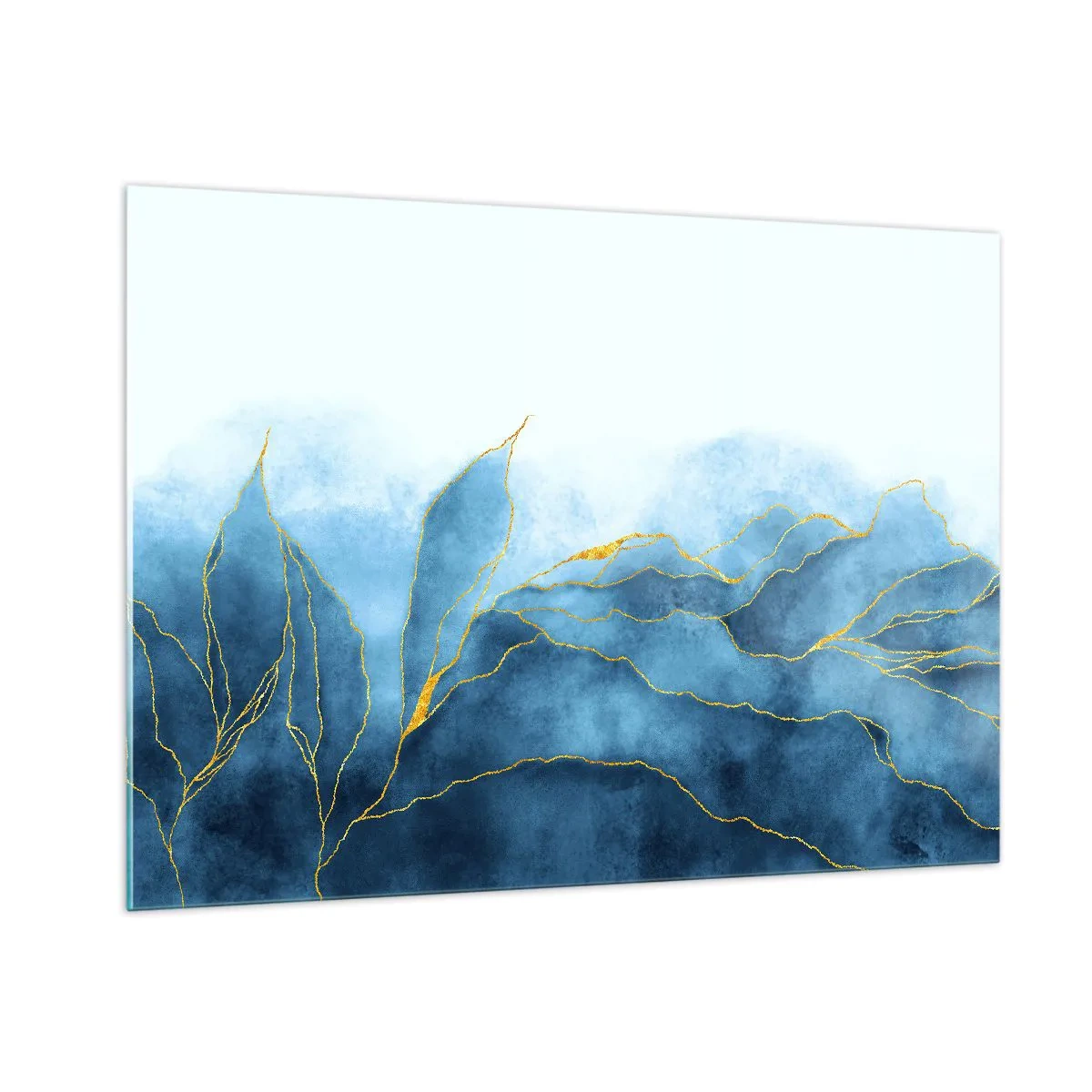Impression sur verre - Image sur verre - Formes bleues abstraites avec de délicates lignes dorées. - 100x70cm - Bleu doré - Décoration murale moderne pour le salon et la chambre ARTTOR