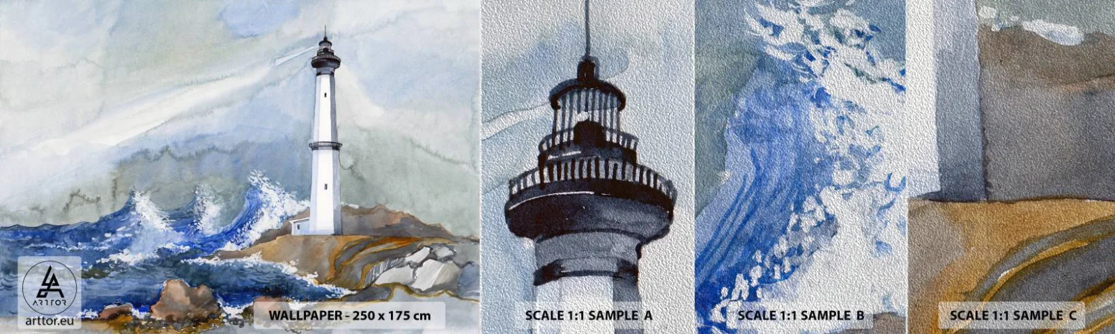 Échantillon de Papier Peint Premium Sand - Contre l'obscurité et la tempête - Phare, Paysage, Océan - 100x30 cm