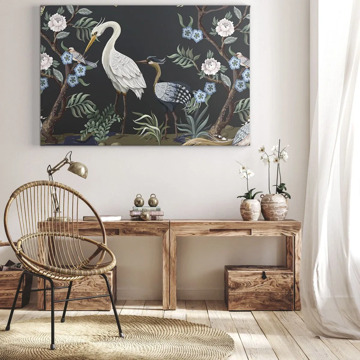 Impression sur toile - Image sur toile - Oiseaux et plantes peints sur un fond sombre avec un motif élégant - 100x70cm - Parade d'oiseaux - Décoration murale moderne pour le salon et la chambre ARTTOR