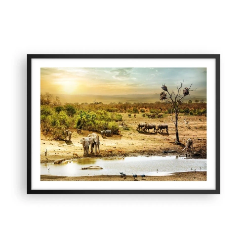 Affiche dans un cadre noir - Poster - Éléphants et animaux sauvages à un point d'eau au coucher du soleil - 70x50cm - "Et d'Eden coulait une rivière..." - Décoration murale moderne pour le salon et la chambre ARTTOR