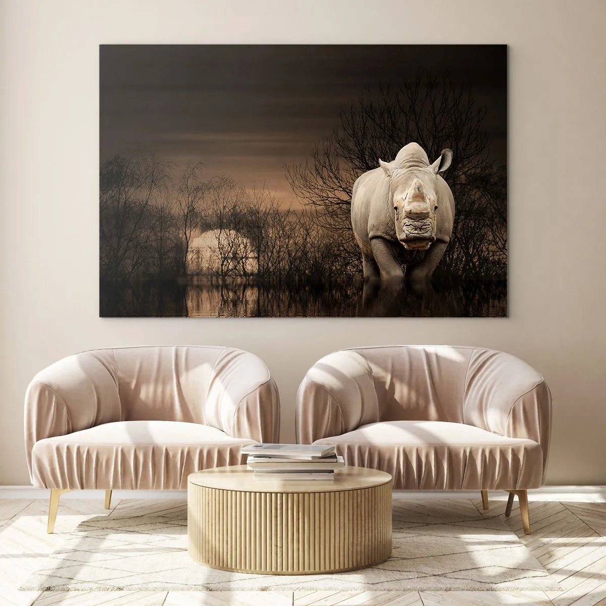 Impression sur verre - Image sur verre - Rhinocéros contre le soleil couchant - 70x50cm - Blanc contre nature - Décoration murale moderne pour le salon et la chambre ARTTOR