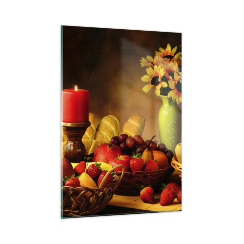 Impression sur verre - Image sur verre - Une composition de fruits, de pain et d'une bougie dans un style rustique - 50x70cm - Nature morte de pain et de fruits - Décoration murale moderne pour le salon et la chambre ARTTOR