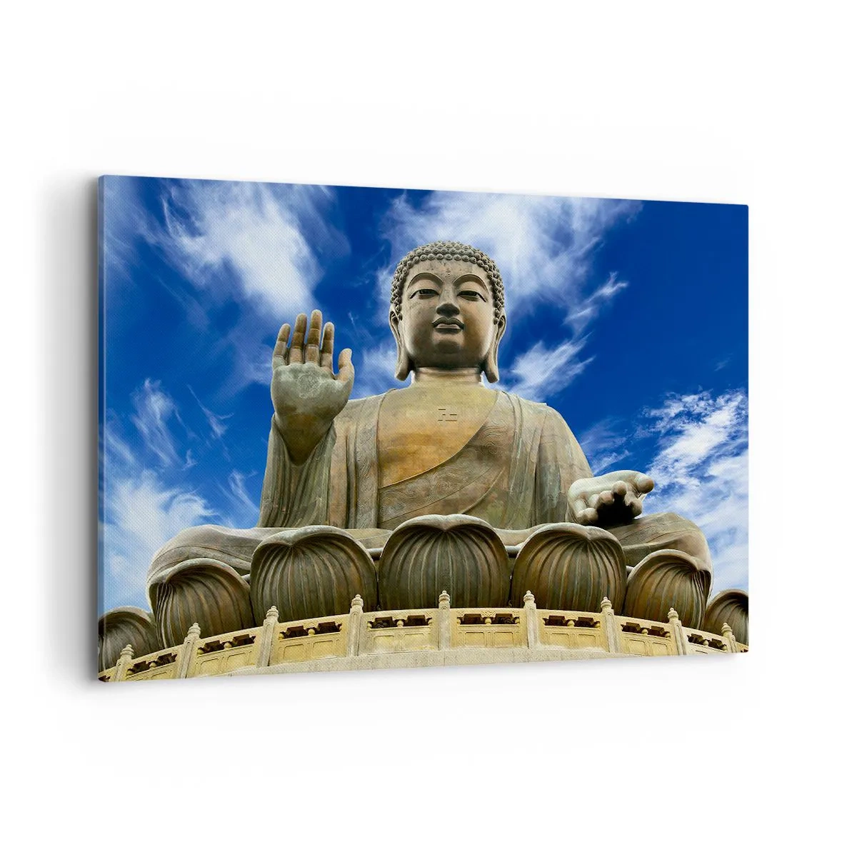 Impression sur toile - Image sur toile - Une statue monumentale de Bouddha contre un ciel bleu avec des nuages - 100x70cm - Vivre sans peur - Décoration murale moderne pour le salon et la chambre ARTTOR