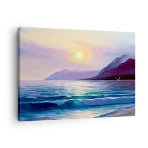 Impression sur toile - Image sur toile - Un paysage marin pittoresque au coucher du soleil avec des vagues et des montagnes - 70x50cm - Cristal d'eau et d'air - Décoration murale moderne pour le salon et la chambre ARTTOR