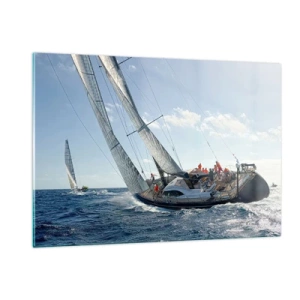 Impression sur verre - Image sur verre - Des yachts de course en pleine mer avec le vent dans les voiles - 120x80cm - Que le meilleur l'emporte - Décoration murale moderne pour le salon et la chambre ARTTOR