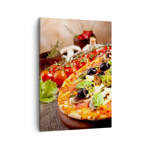 Impression sur toile - Image sur toile - Pizza aux olives, basilic et ingrédients frais sur fond de bois - 50x70cm - Des ingrédients telluriques - Décoration murale moderne pour le salon et la chambre ARTTOR