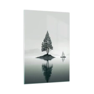 Impression sur verre - Image sur verre - Un paysage minimaliste avec un arbre sur une île et un voilier. - 70x100cm - Un rêve somnolent - Décoration murale moderne pour le salon et la chambre ARTTOR