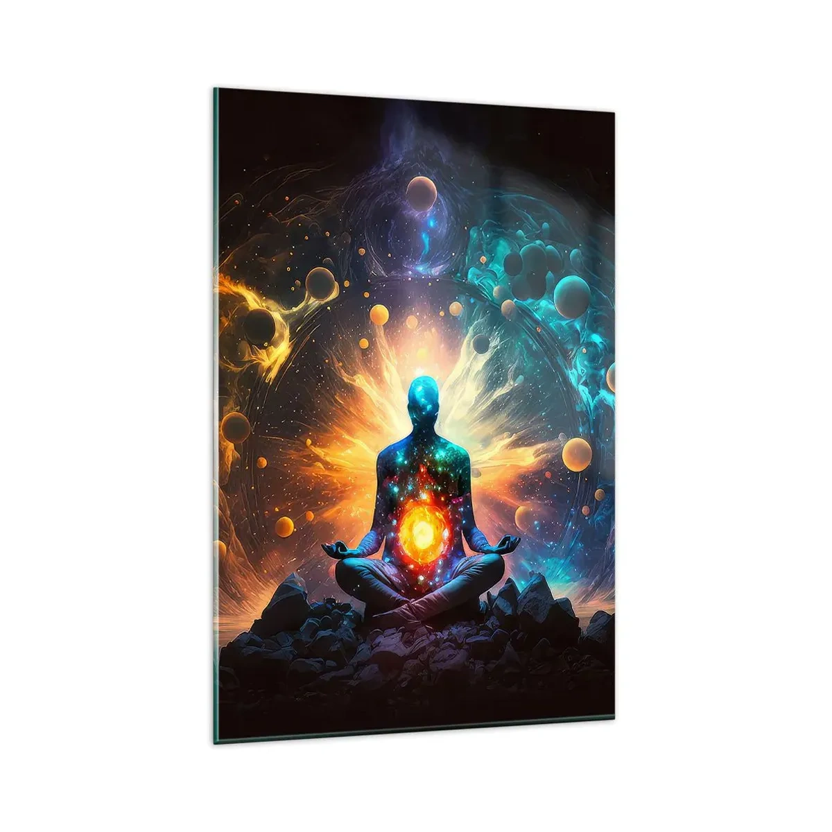 Impression sur verre - Image sur verre - Une figure en méditation entourée d'une aura cosmique - 80x120cm - Paix cosmique - Décoration murale moderne pour le salon et la chambre ARTTOR