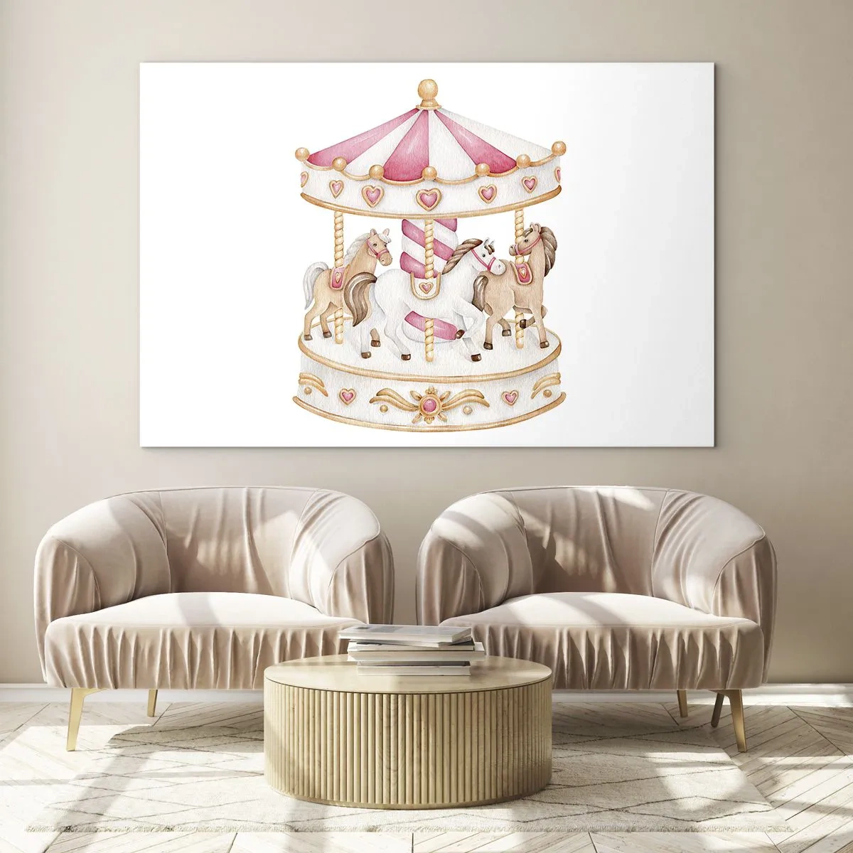 Impression sur verre - Image sur verre - Un carrousel rose avec des chevaux de style enfantin sur fond blanc - 120x80cm - Le doux monde de l'enfance - Décoration murale moderne pour le salon et la chambre ARTTOR
