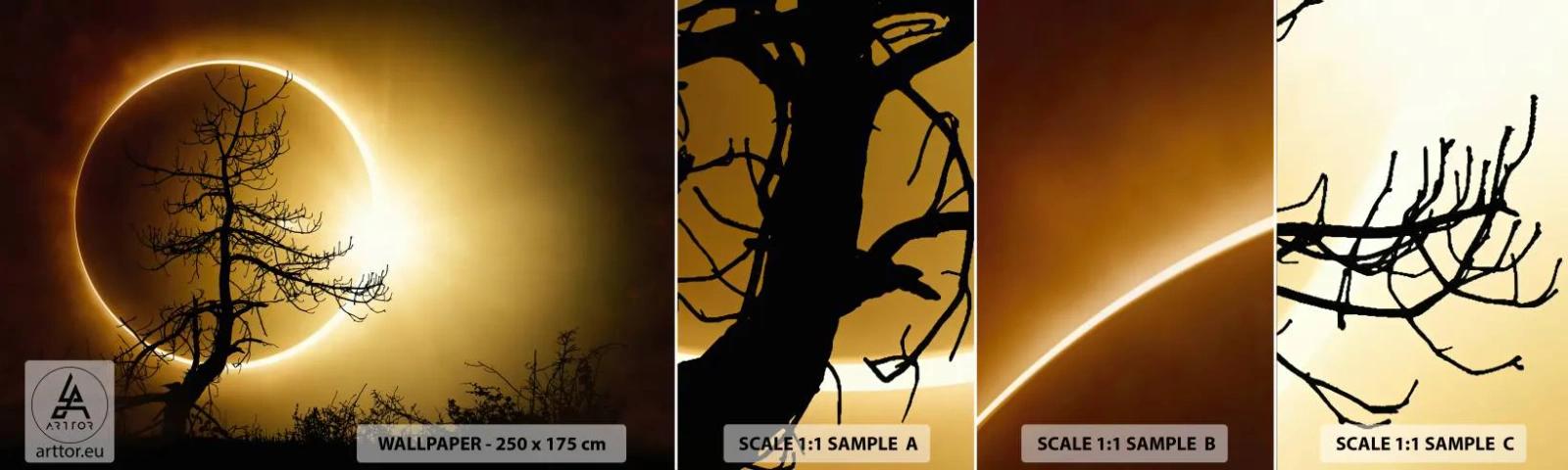 Échantillon de Papier Peint Autocollant Deluxe Sticker - Éclipse totale - Éclipse, Arbre, Paysage - 100x30 cm