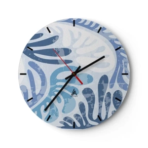 Horloge murale - Pendule murale - Formes organiques bleues sur fond clair - 30x30cm - Fougères bleues - Décoration murale moderne pour le salon, la cuisine et la chambre ARTTOR