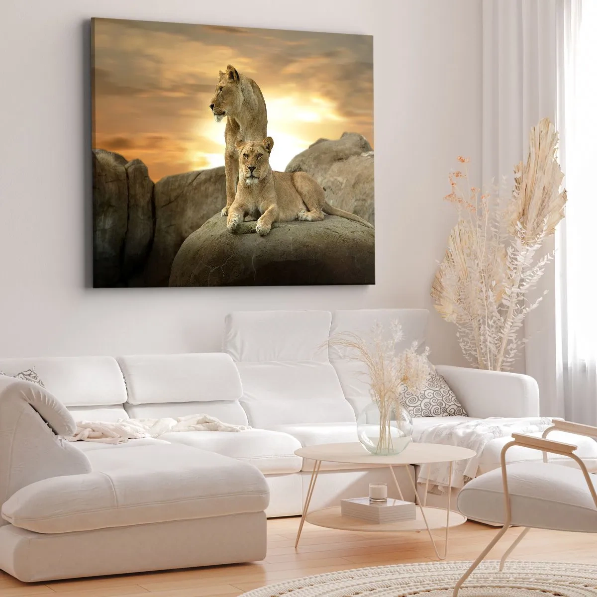 Impression sur toile - Image sur toile - Deux lionnes se reposant sur un rocher au coucher du soleil - 70x50cm - Majesté royale - Décoration murale moderne pour le salon et la chambre ARTTOR