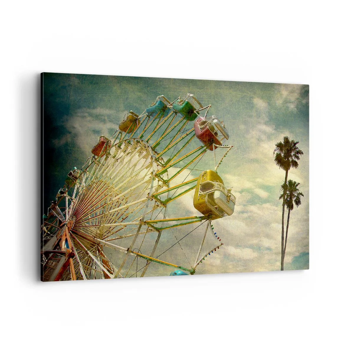 Impression sur toile - Image sur toile - Photo rétro d'une grande roue avec des palmiers contre le ciel - 100x70cm - On va faire la fête - Décoration murale moderne pour le salon et la chambre ARTTOR