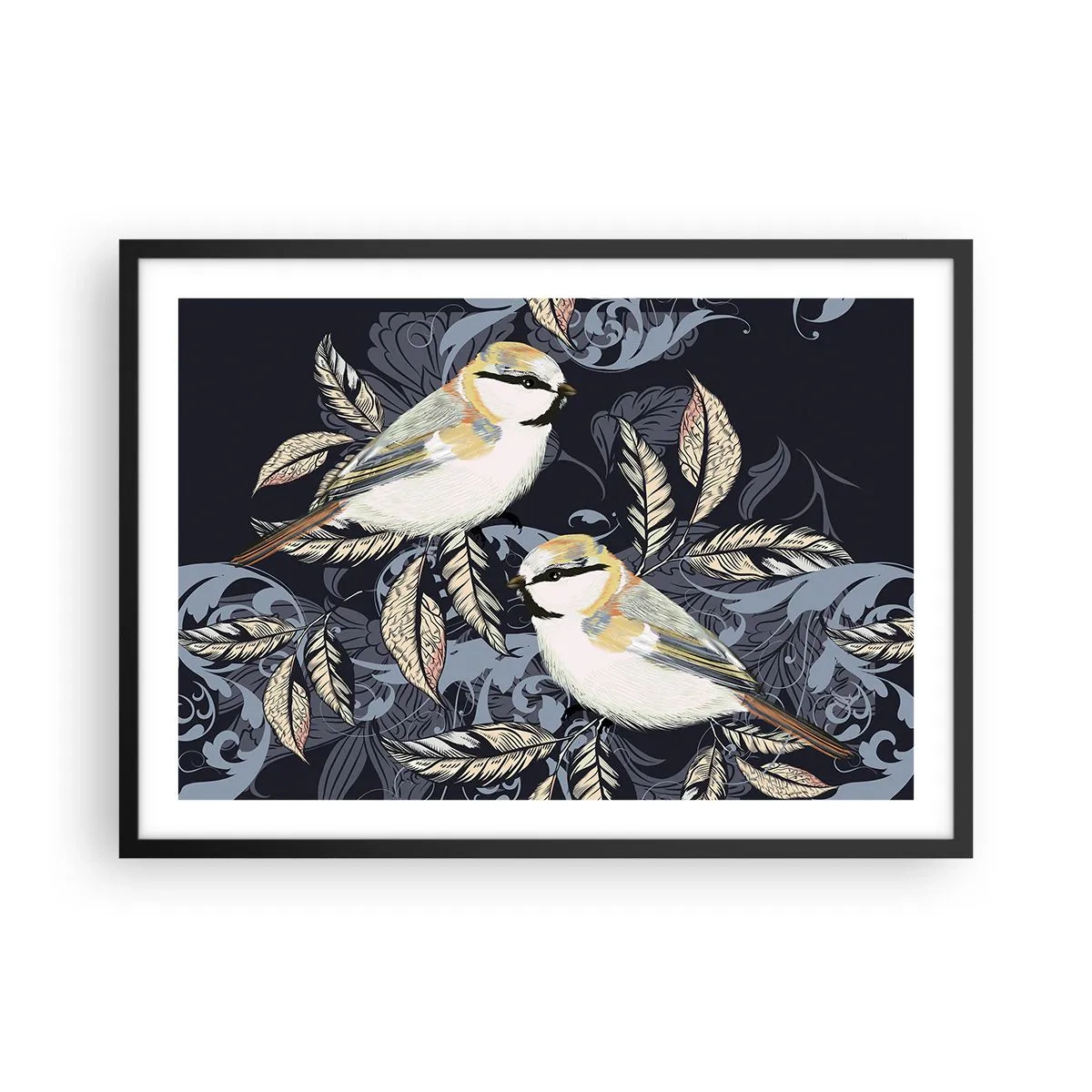 Affiche dans un cadre noir - Poster - Oiseaux sur des branches dans un arrière-plan ornemental - 70x50cm - Babillement jaune et bleu - Décoration murale moderne pour le salon et la chambre ARTTOR