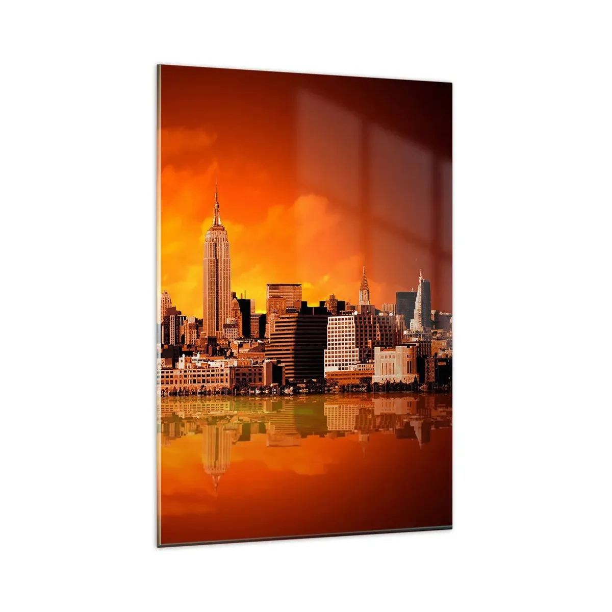 Impression sur verre - Image sur verre - Panorama de la ville au coucher du soleil avec les bâtiments se reflétant dans l'eau - 80x120cm - Panorama de grande ville en jaune et bronze - Décoration murale moderne pour le salon et la chambre ARTTOR