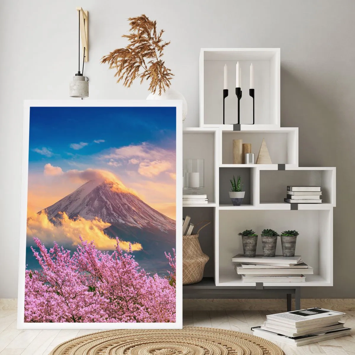 Affiche - Poster - Le mont Fuji entouré de cerisiers en fleurs au coucher du soleil - 50x70cm - Sainteté japonaise - Décoration murale moderne pour le salon et la chambre ARTTOR