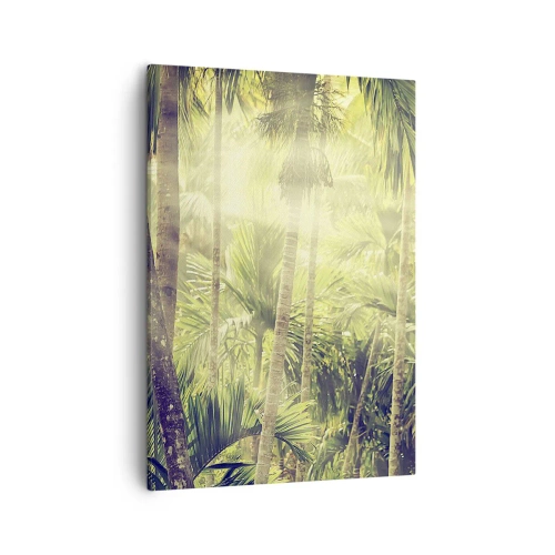 Impression sur toile - Image sur toile - Rayons de soleil dans une forêt tropicale de palmiers - 50x70cm - Nature enflammée - Décoration murale moderne pour le salon et la chambre ARTTOR