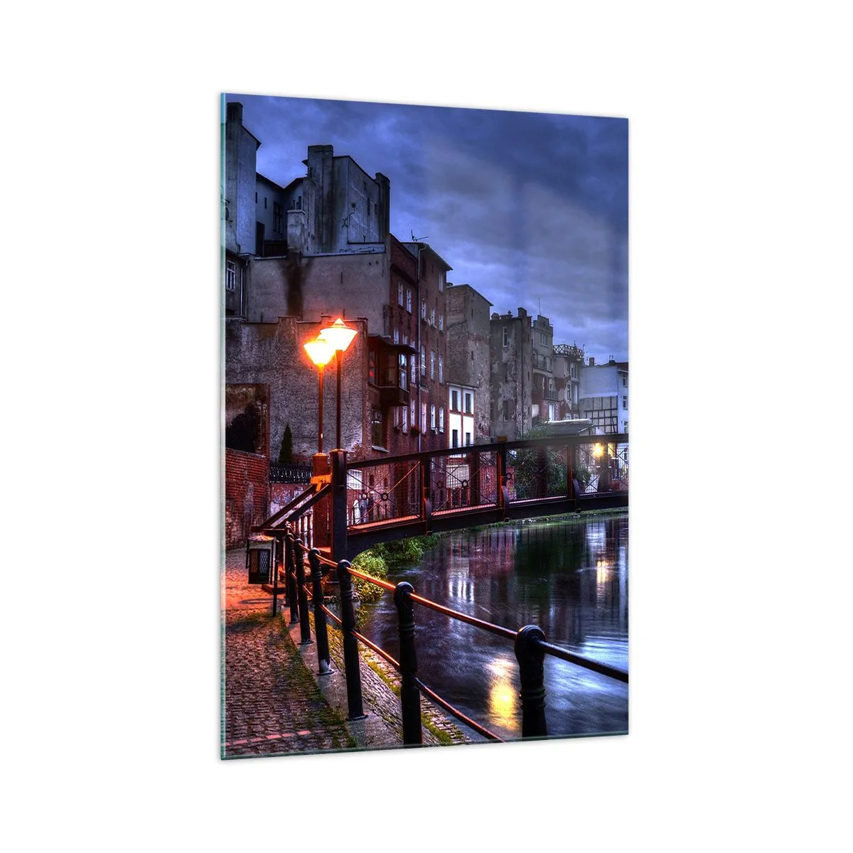 Impression sur verre - Image sur verre - Vue nocturne des immeubles d'habitation et du pont sur le canal - 70x100cm - Tu n'as pas connu ce Bydgoszcz - Décoration murale moderne pour le salon et la chambre ARTTOR