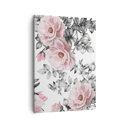 Impression sur toile - Image sur toile - Roses roses et feuilles sur un délicat fond noir et blanc - 50x70cm - Se perdre dans les fleurs des roses - Décoration murale moderne pour le salon et la chambre ARTTOR