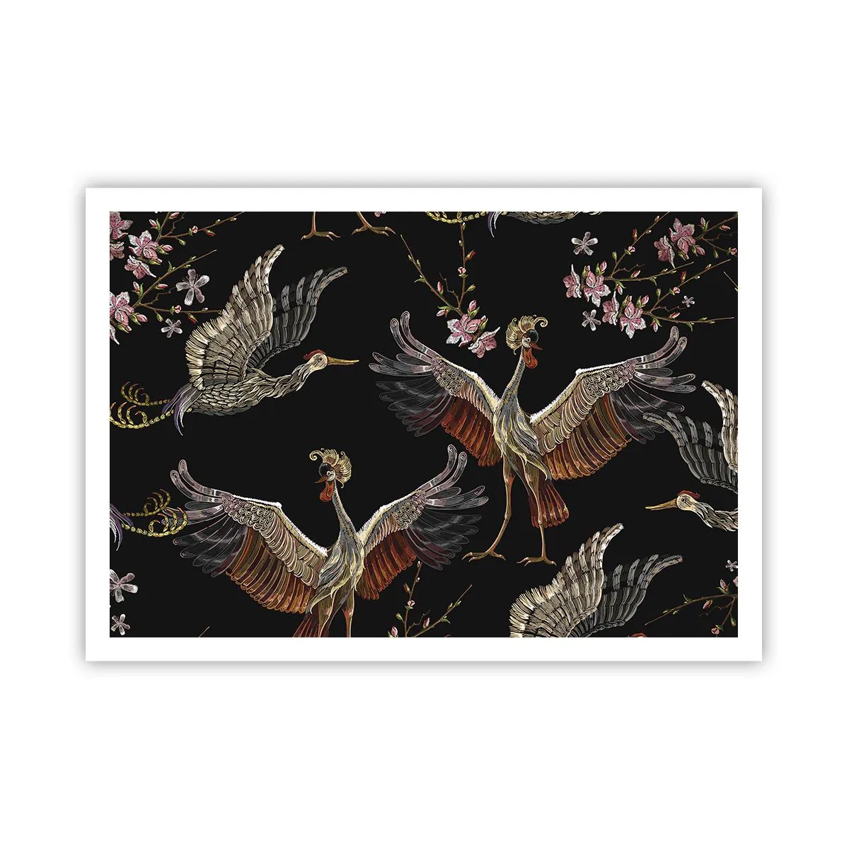 Affiche - Poster - Grues et fleurs élégantes sur fond noir - 100x70cm - Un oiseau de conte de fées - Décoration murale moderne pour le salon et la chambre ARTTOR