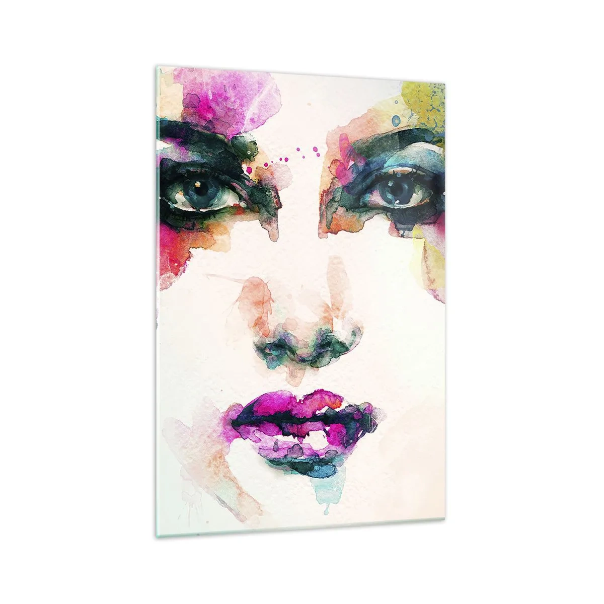 Impression sur verre - Image sur verre - Portrait abstrait d'une femme aux couleurs intenses - 70x100cm - Un portrait peint avec un arc-en-ciel - Décoration murale moderne pour le salon et la chambre ARTTOR