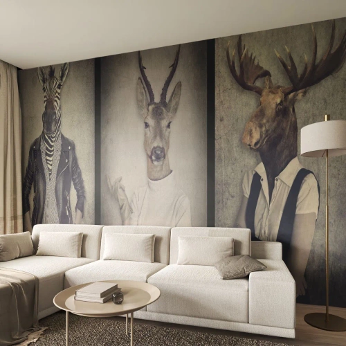 Papier Peint Photo Standard Eco - Personnages stylés avec des têtes d'animaux dans un style rétro - 100x70cm - Laissons parler les gestes - Décoration murale moderne pour le salon et la chambre ARTTOR