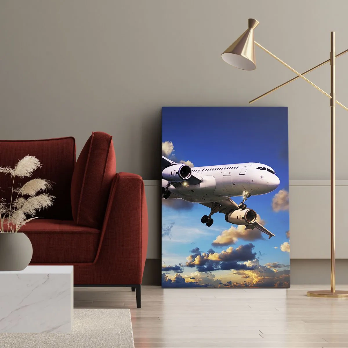 Impression sur toile - Image sur toile - Un avion de ligne contre les nuages au coucher du soleil - 80x120cm - Un voyage en blanc et bleu ciel - Décoration murale moderne pour le salon et la chambre ARTTOR